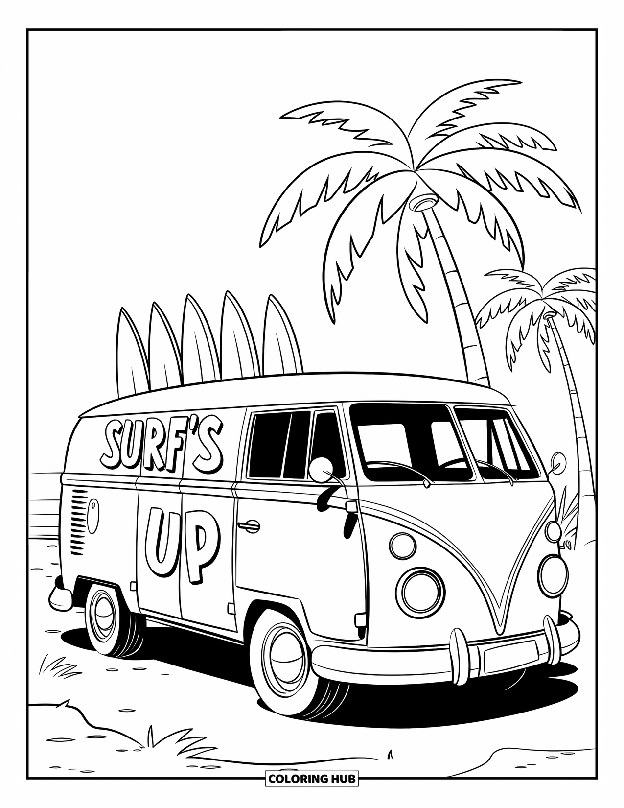 Summer Vacation Coloring Page for Kids: A vintage surf van parked by palm trees at the beach