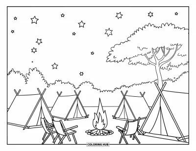 Coloriage de vacances d'été pour enfants : Un feu chaleureux brille près des tentes sous un ciel nocturne serein