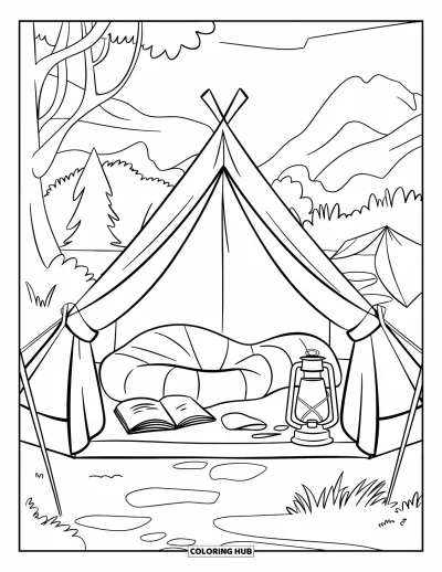 Coloriage de vacances d'été pour enfants : L'intérieur chaleureux d'une tente avec un journal, une lanterne et un sac de couchage