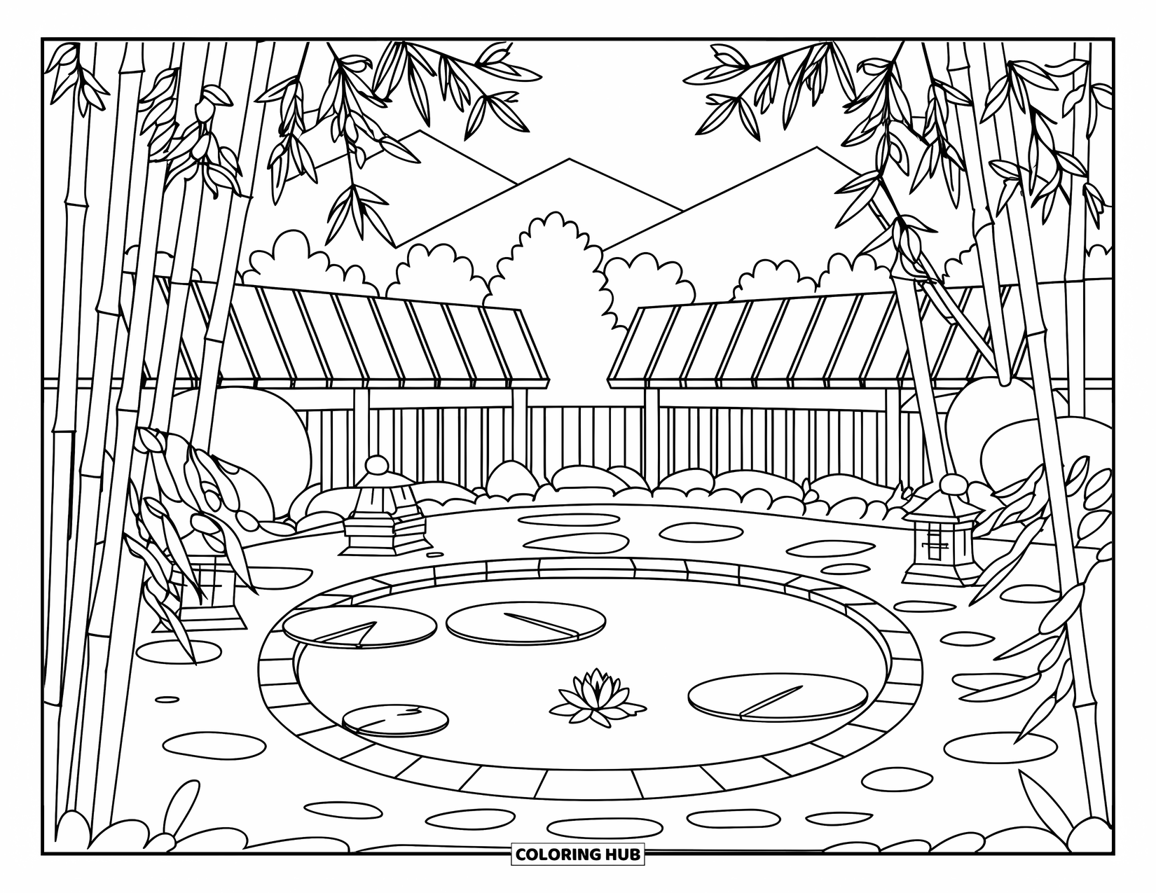 Swimming Pool Coloring Page for Adults: A calm garden pool with bamboo, stones, and floating lilies