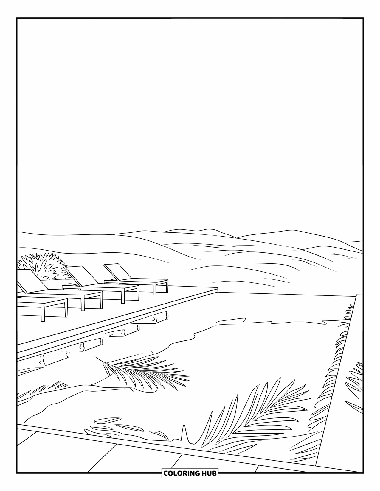 Swimming Pool Coloring Page for Adults: A calm rooftop pool with lounge chairs and hillside views