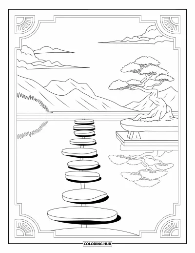 Schwimmbad-Ausmalbild für Erwachsene: Ein stiller Zen-Pool mit Trittsteinchen und einem Bonsai-Baum