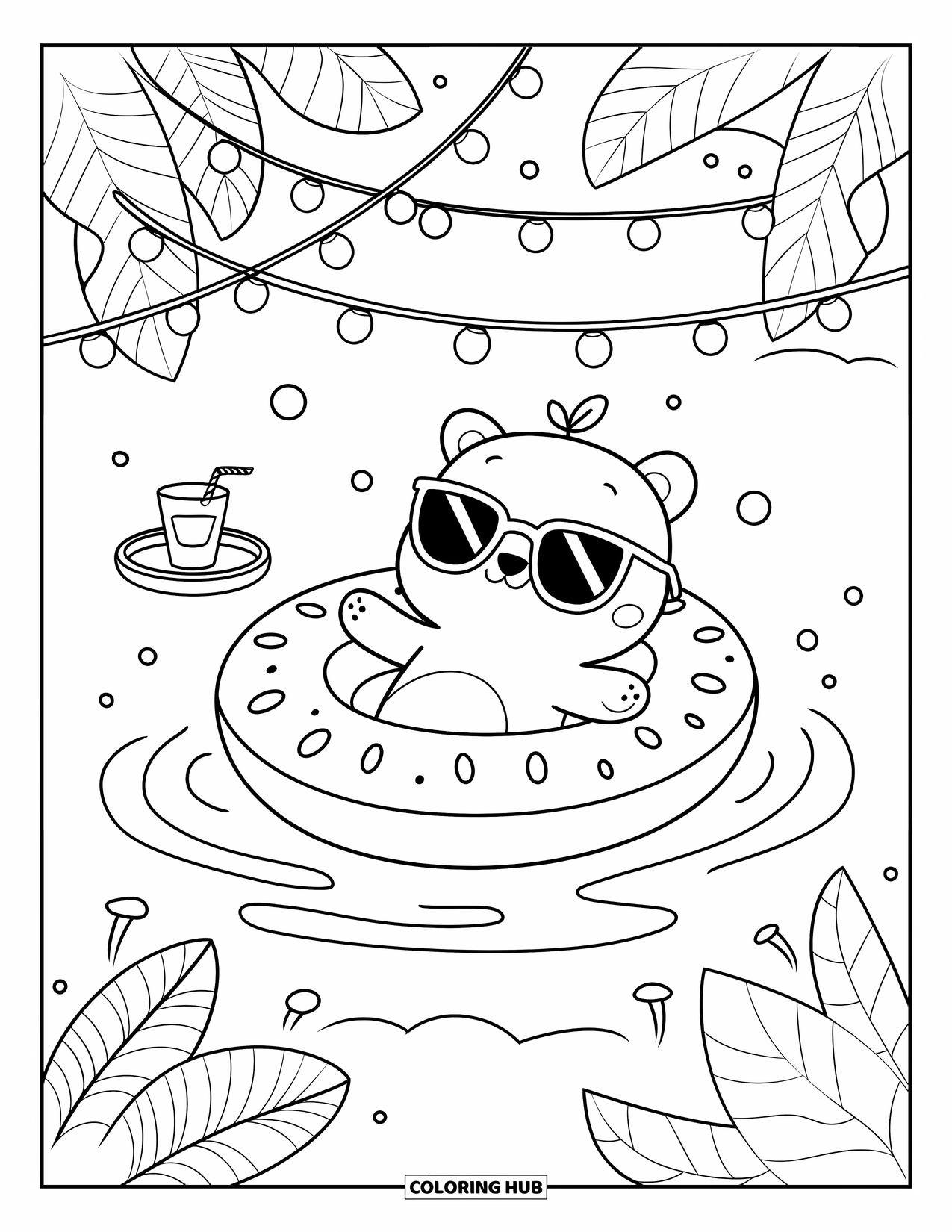 Swimming Pool Coloring Page for Adults: A cheerful bear floating with sunglasses and a cool drink