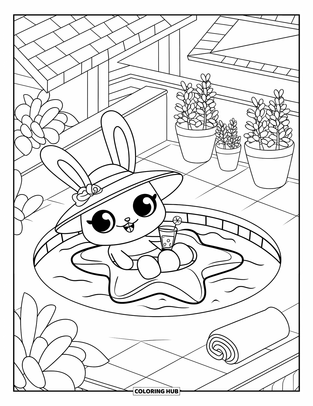 Swimming Pool Coloring Page for Adults: A cheerful bunny resting on a star float holding a drink
