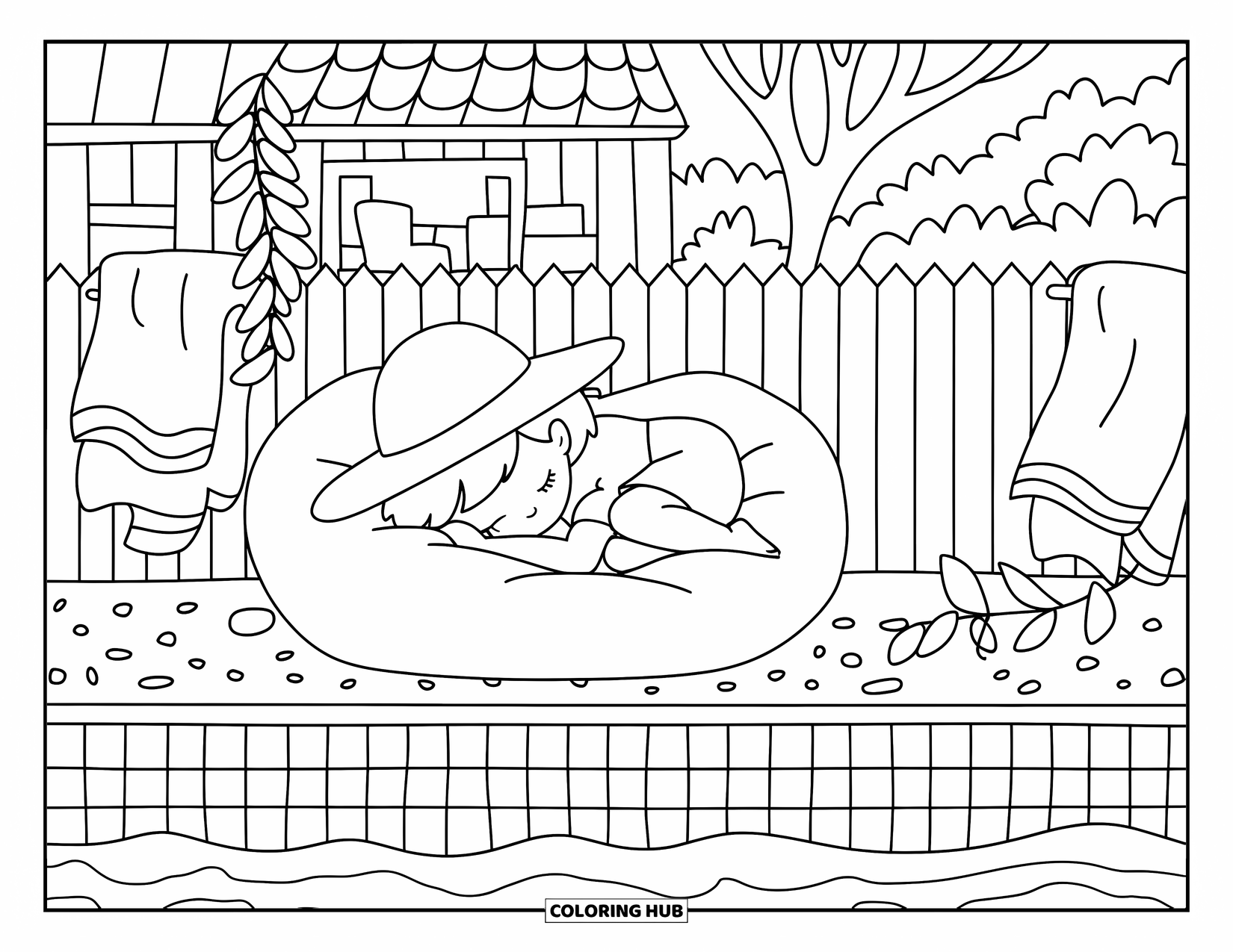Swimming Pool Coloring Page for Adults: A child napping peacefully on a bean bag beside the pool