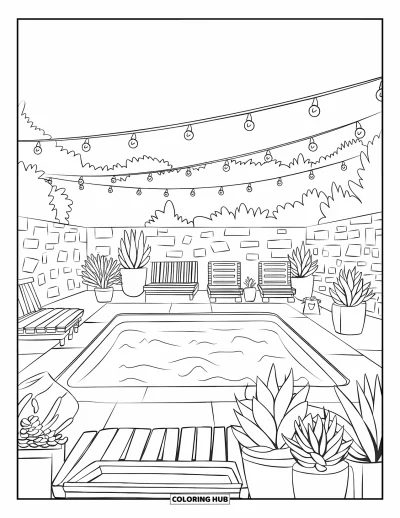 Schwimmbad-Ausmalbild für Erwachsene: Ein behaglicher Garten-Pool mit Lichterketten und rustikalen Möbeln
