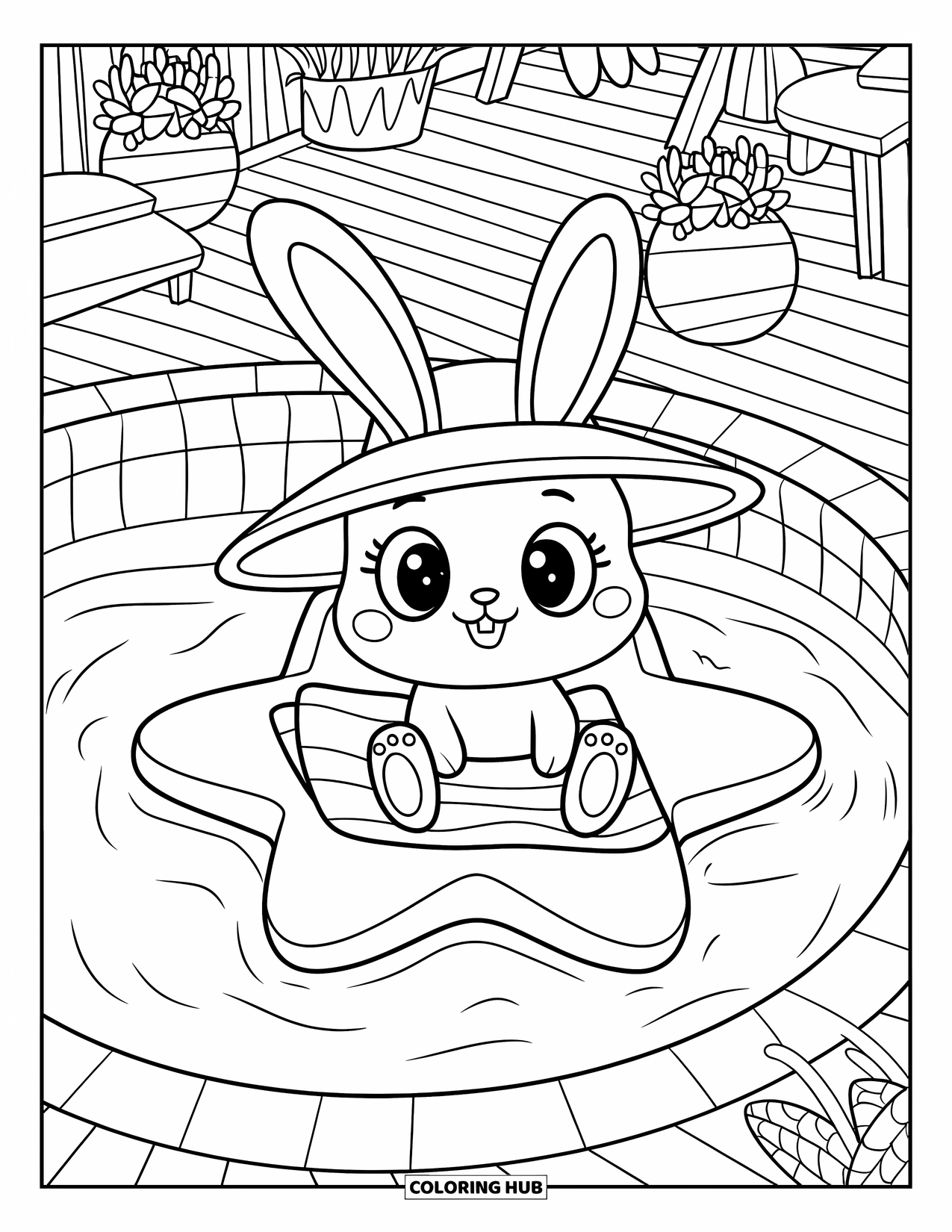 Swimming Pool Coloring Page for Adults: A cute bunny relaxing on a star float in a round pool