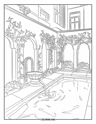 Schwimmbad-Ausmalbild für Erwachsene: Ein versteckter Innenhof-Pool mit Ranken, Blumen und fließendem Wasser