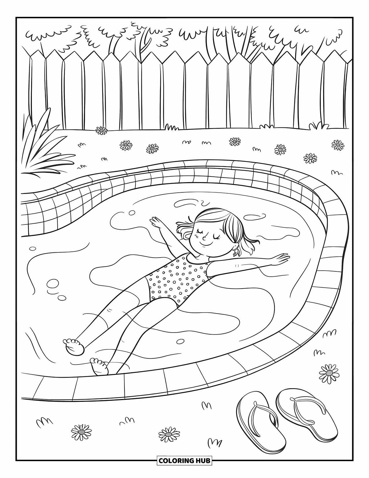 Swimming Pool Coloring Page for Adults: A little girl floating calmly with flowers near the poolside