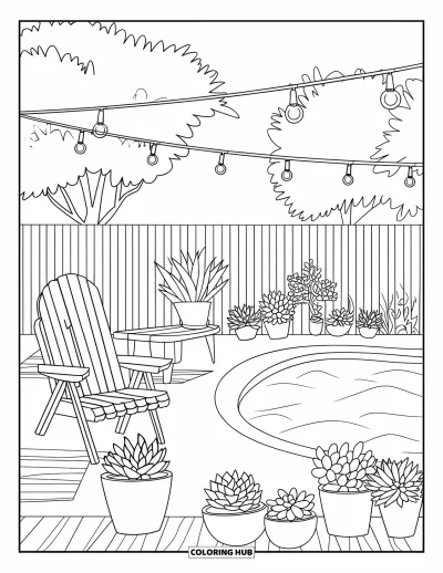 Schwimmbad-Ausmalbild für Erwachsene: Eine friedliche Garten-Pool-Szene mit Tisch und hängenden Lichtern