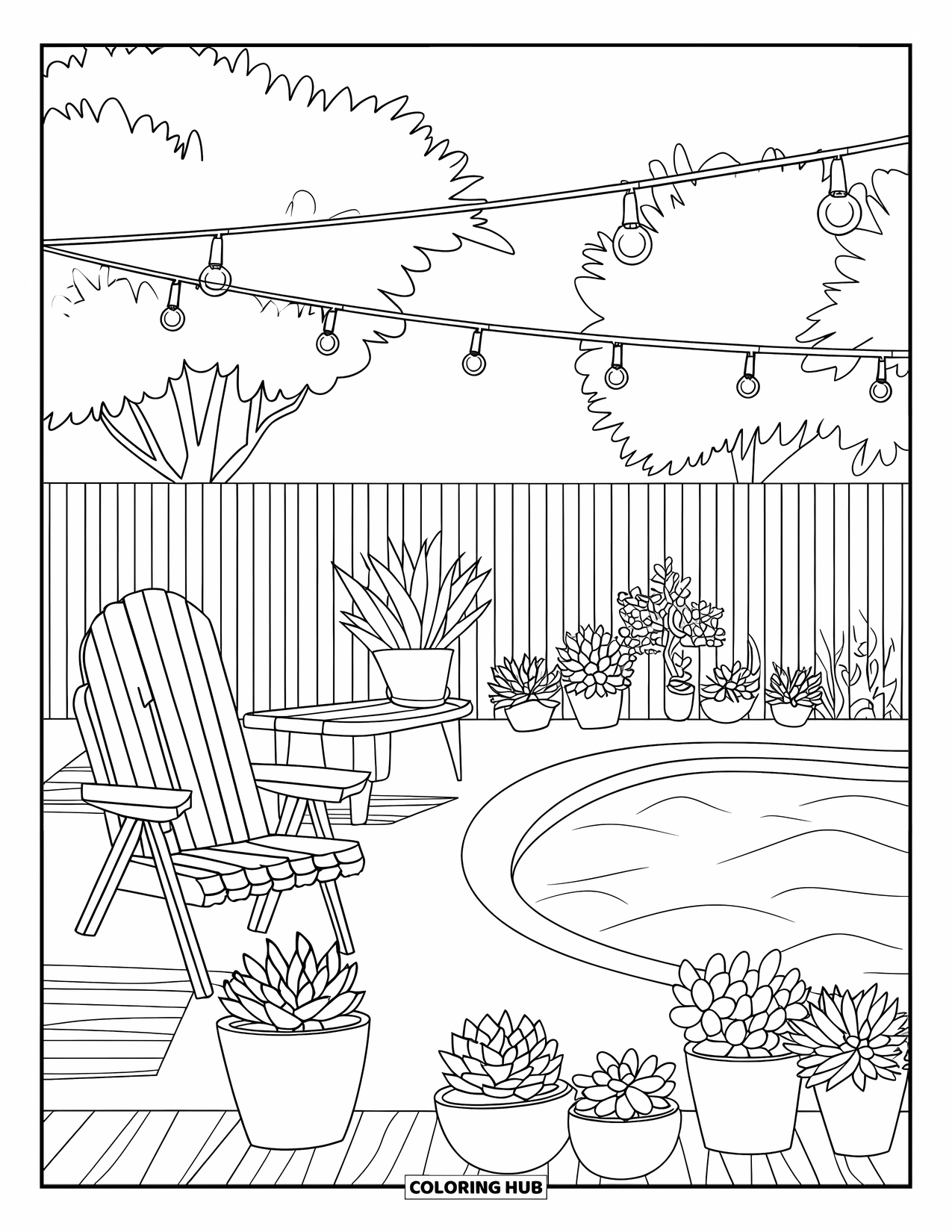 Swimming Pool Coloring Page for Adults: A peaceful backyard pool scene with a table and hanging lights