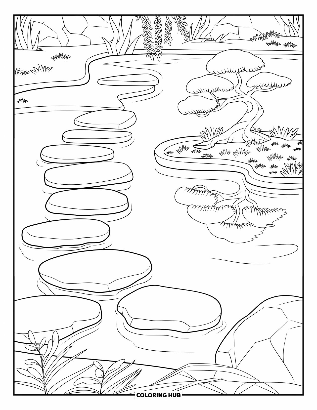Swimming Pool Coloring Page for Adults: A peaceful zen garden pool surrounded by stones and plants