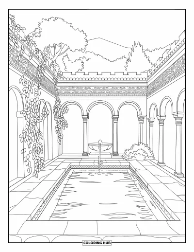 Schwimmbad-Ausmalbild für Erwachsene: Ein ruhiger Innenhof-Pool umrahmt von Ranken und kunstvollen Bögen