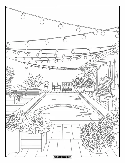 Schwimmbad-Ausmalbild für Erwachsene: Ein gemütlicher Garten-Pool mit Sukkulenten und Holzmöbeln