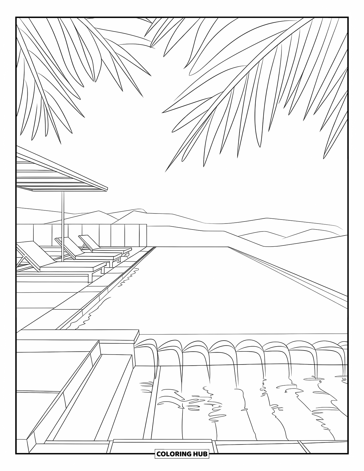Swimming Pool Coloring Page for Adults: A rooftop infinity pool overlooking distant hills and palm shadows