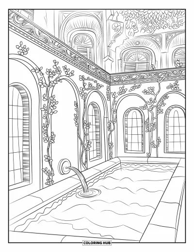 Schwimmbad-Ausmalbild für Erwachsene: Ein abgeschiedener Innenhof-Pool mit verzierten Wänden und sanftem Brunnen