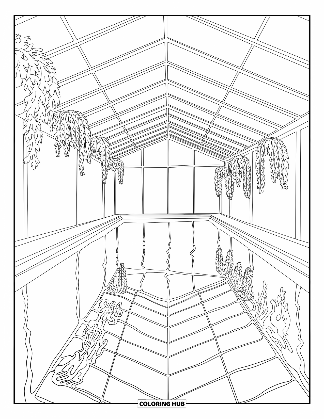 Swimming Pool Coloring Page for Adults: A serene indoor pool with soft hanging plants and reflections