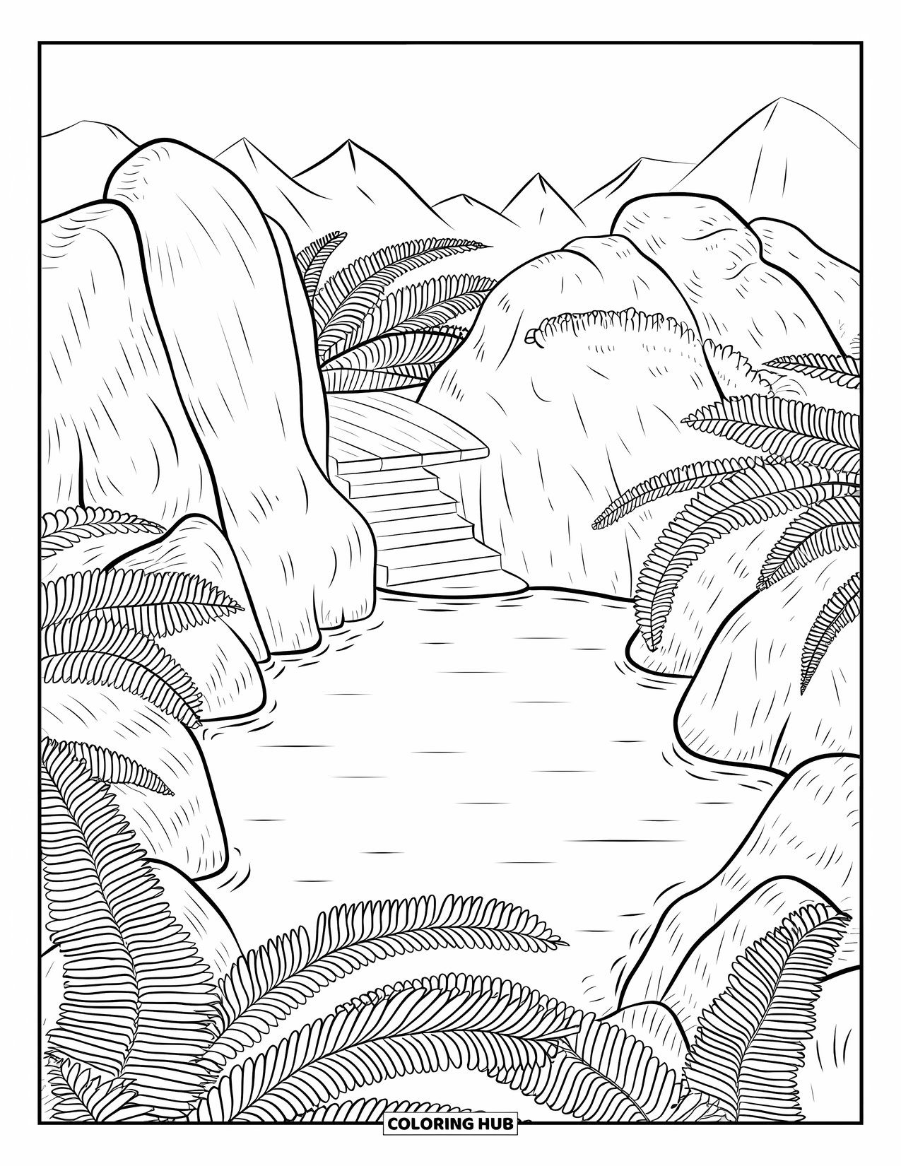 Swimming Pool Coloring Page for Adults: A serene pool nestled among rocks, ferns, and mountain peaks