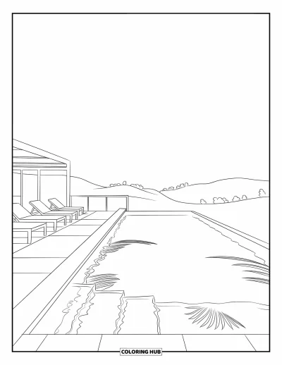 Schwimmbad-Ausmalbild für Erwachsene: Ein ruhiger Dachterrassen-Pool mit überlaufender Kante und fernen Hügeln