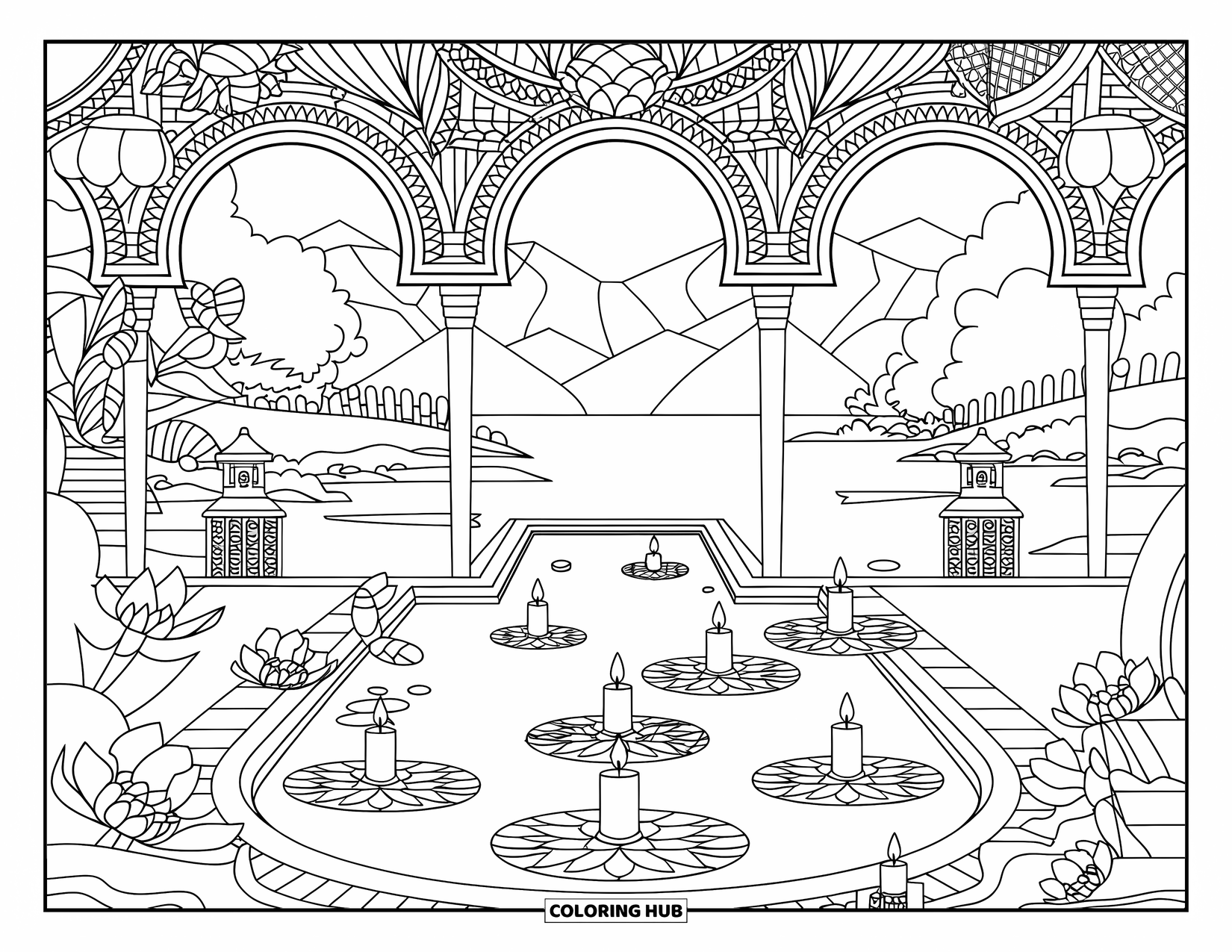 Swimming Pool Coloring Page for Adults: A serene spa pool surrounded by pillars, lanterns, and calm water