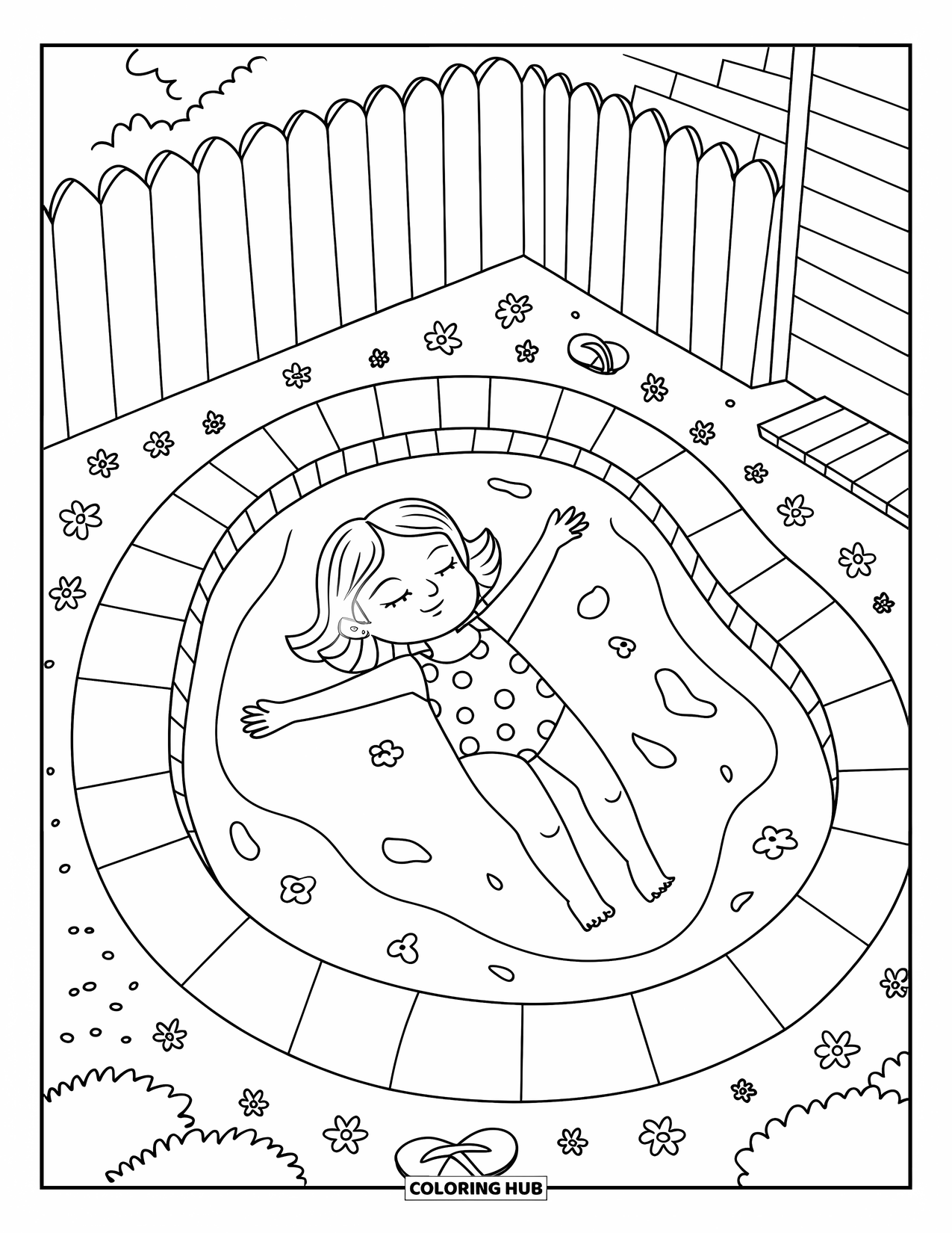 Swimming Pool Coloring Page for Adults: A sweet girl floating peacefully in a small backyard pool