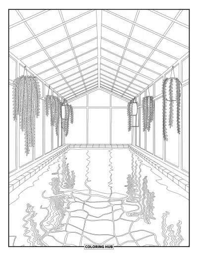 Schwimmbad-Ausmalbild für Erwachsene: Ein friedlicher Indoor-Pool mit hängenden Pflanzen und sanften Spiegelungen