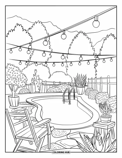 Schwimmbad-Ausmalbild für Erwachsene: Ein einladender Garten-Pool umgeben von Holzdeko und Lichterketten