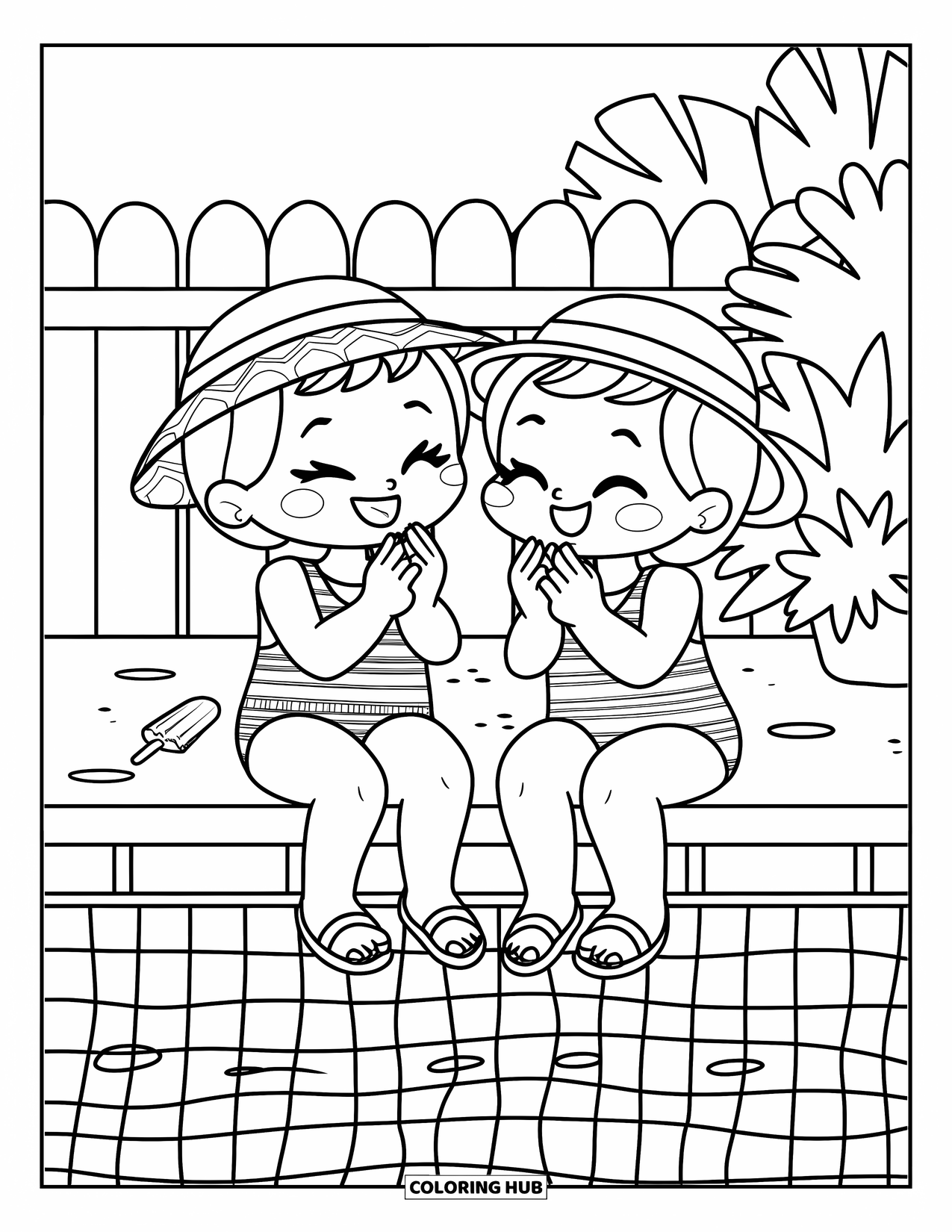 Swimming Pool Coloring Page for Adults: Adorable twins playing a clapping game by the pool's edge