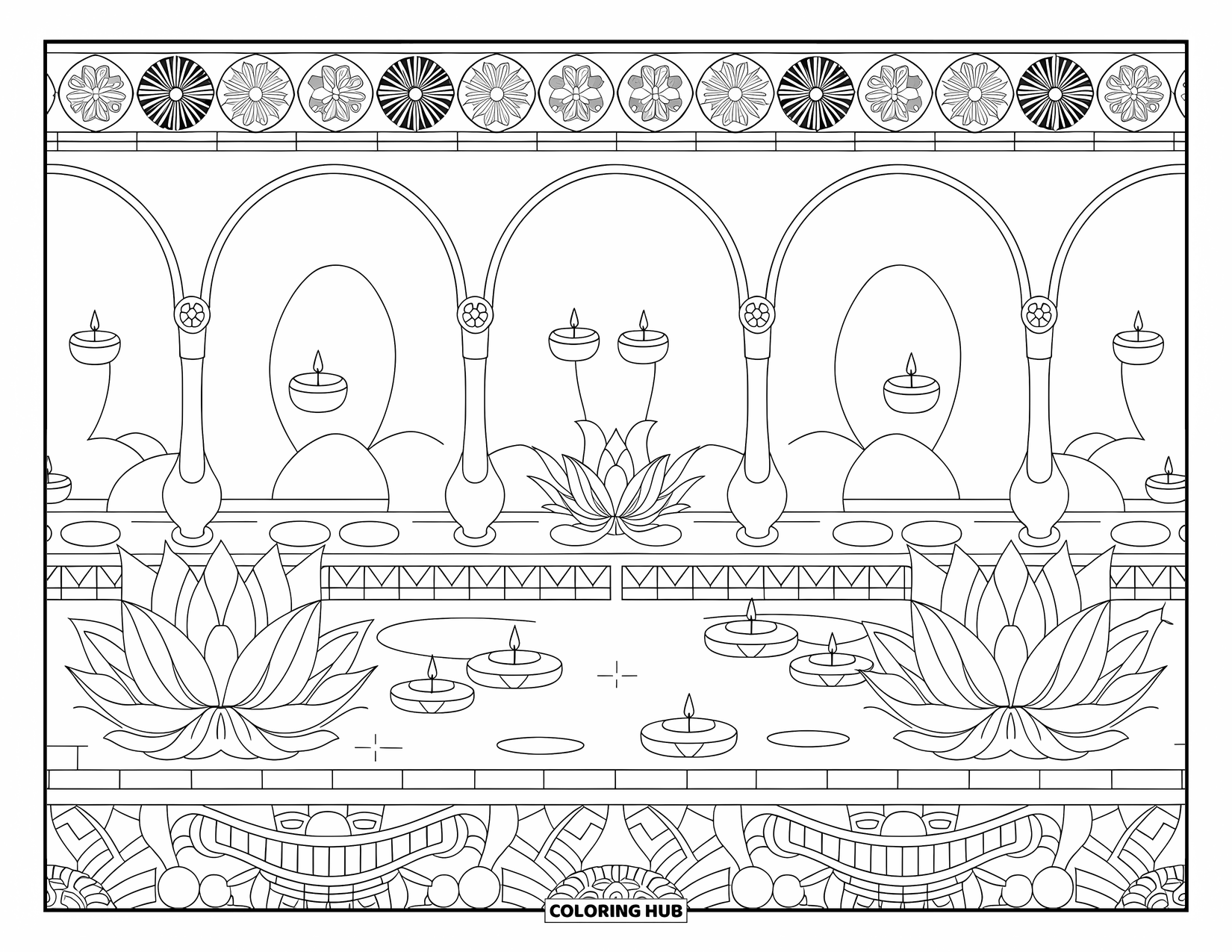 Swimming Pool Coloring Page for Adults: An elegant spa scene with candles, lotus blooms, and mosaic tiles