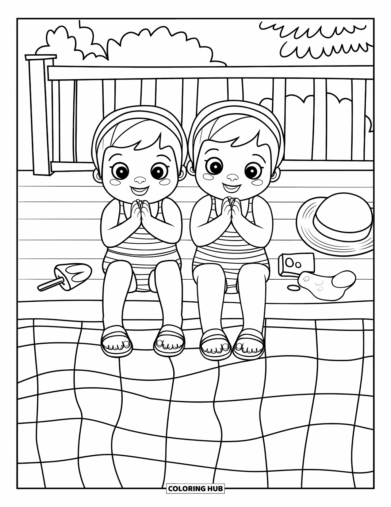 Swimming Pool Coloring Page for Adults: Smiling twins enjoying a clapping game at the poolside