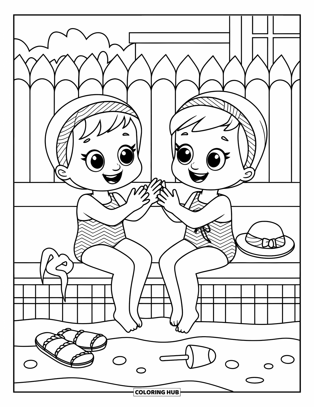 Swimming Pool Coloring Page for Adults: Twin kids laughing and clapping together beside the pool