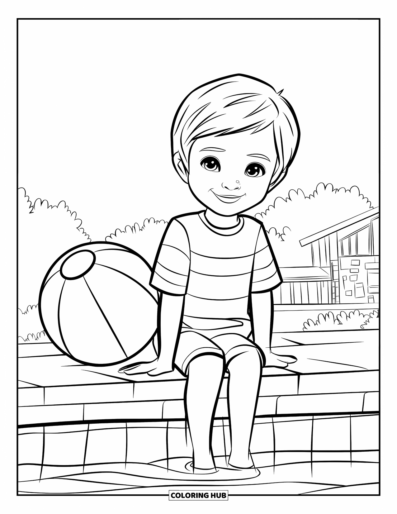 Swimming Pool Coloring Page for Kids: A cheerful kid relaxing at the pool's edge with a ball nearby