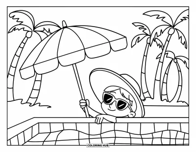 Schwimmbad-Ausmalbild für Kinder: Ein fröhliches Kind ruht im Schatten neben einem tropischen Pool