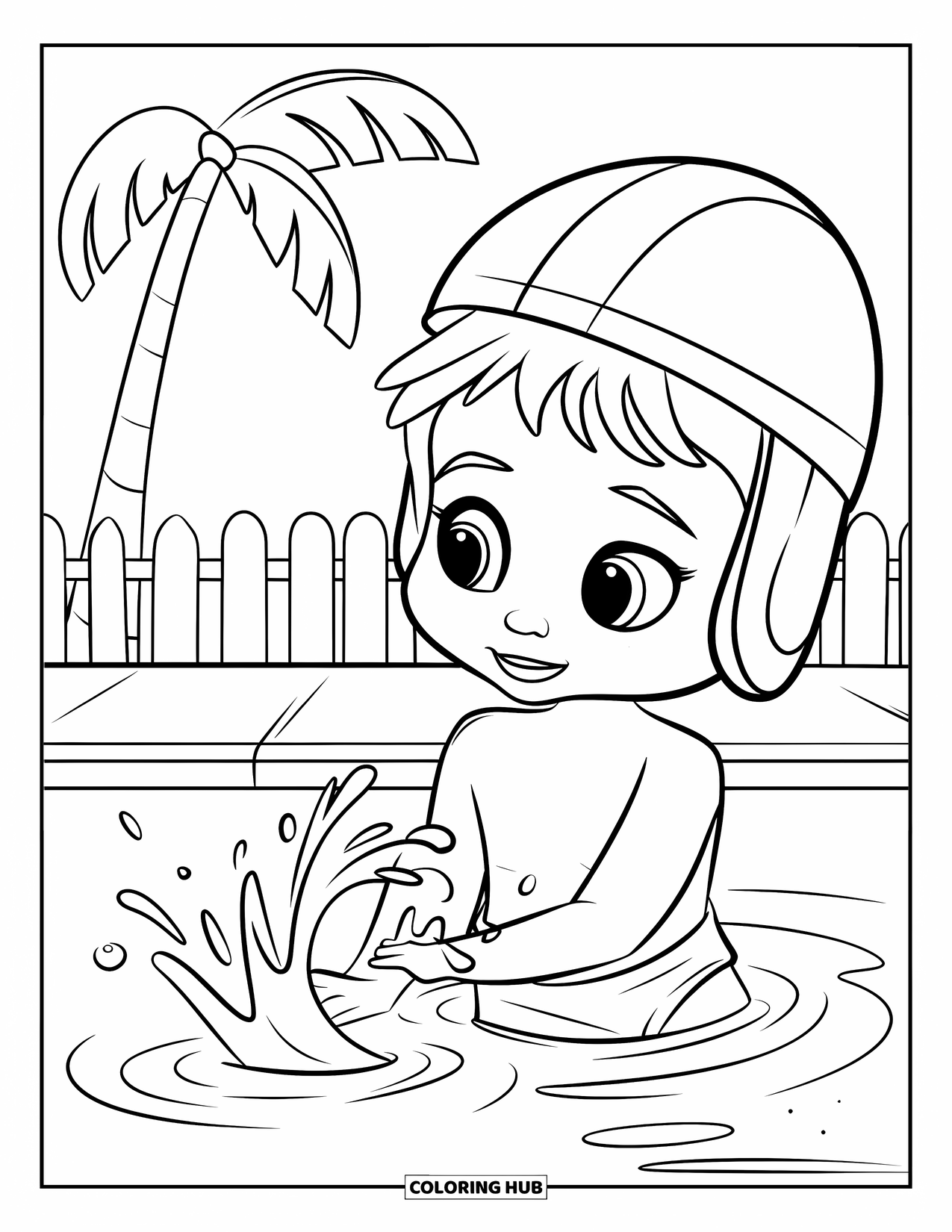 Swimming Pool Coloring Page for Kids: A happy child splashing water near palm trees and a fence
