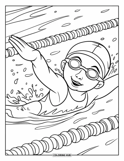 Schwimmbad-Ausmalbild für Kinder: Ein Kind schwimmt schnell mit Taucherbrille und kräftigen Kraul-Zügen