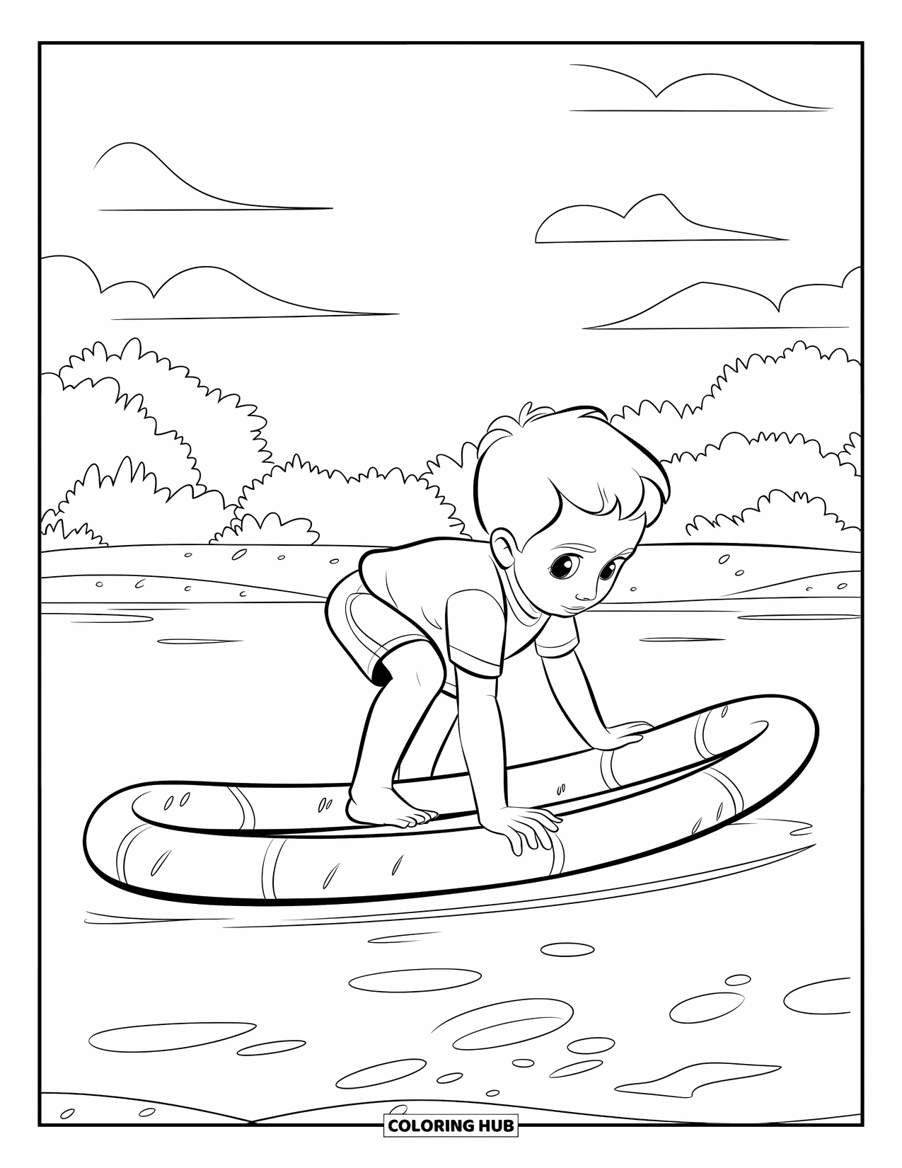 Swimming Pool Coloring Page for Kids: A kid trying to stay balanced on a floating pool noodle
