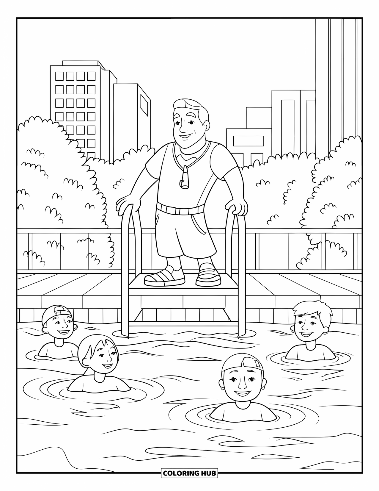 Swimming Pool Coloring Page for Kids: A lifeguard keeping watch over playful kids in the pool
