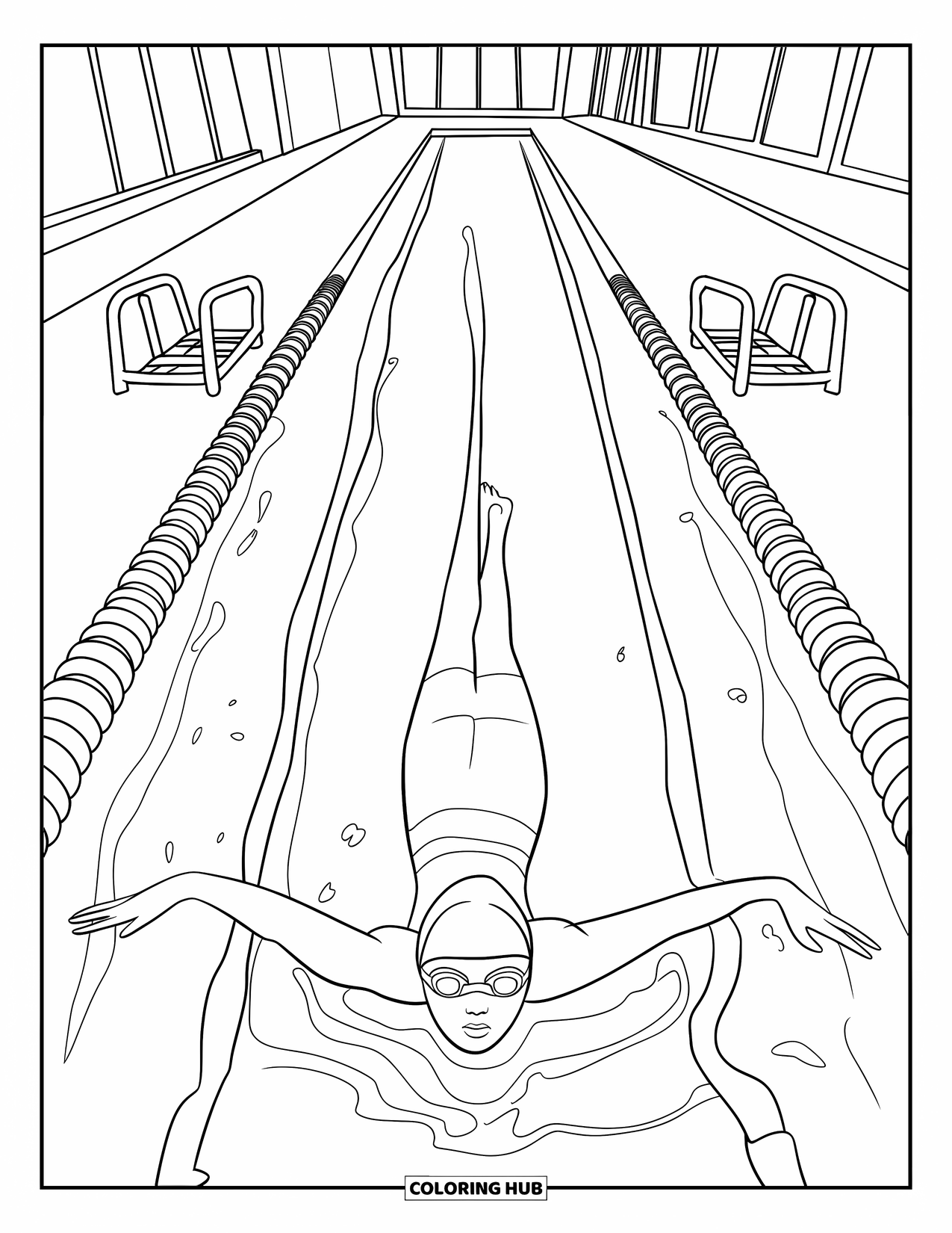 Swimming Pool Coloring Page for Kids: A swimmer gliding smoothly on their back in the pool