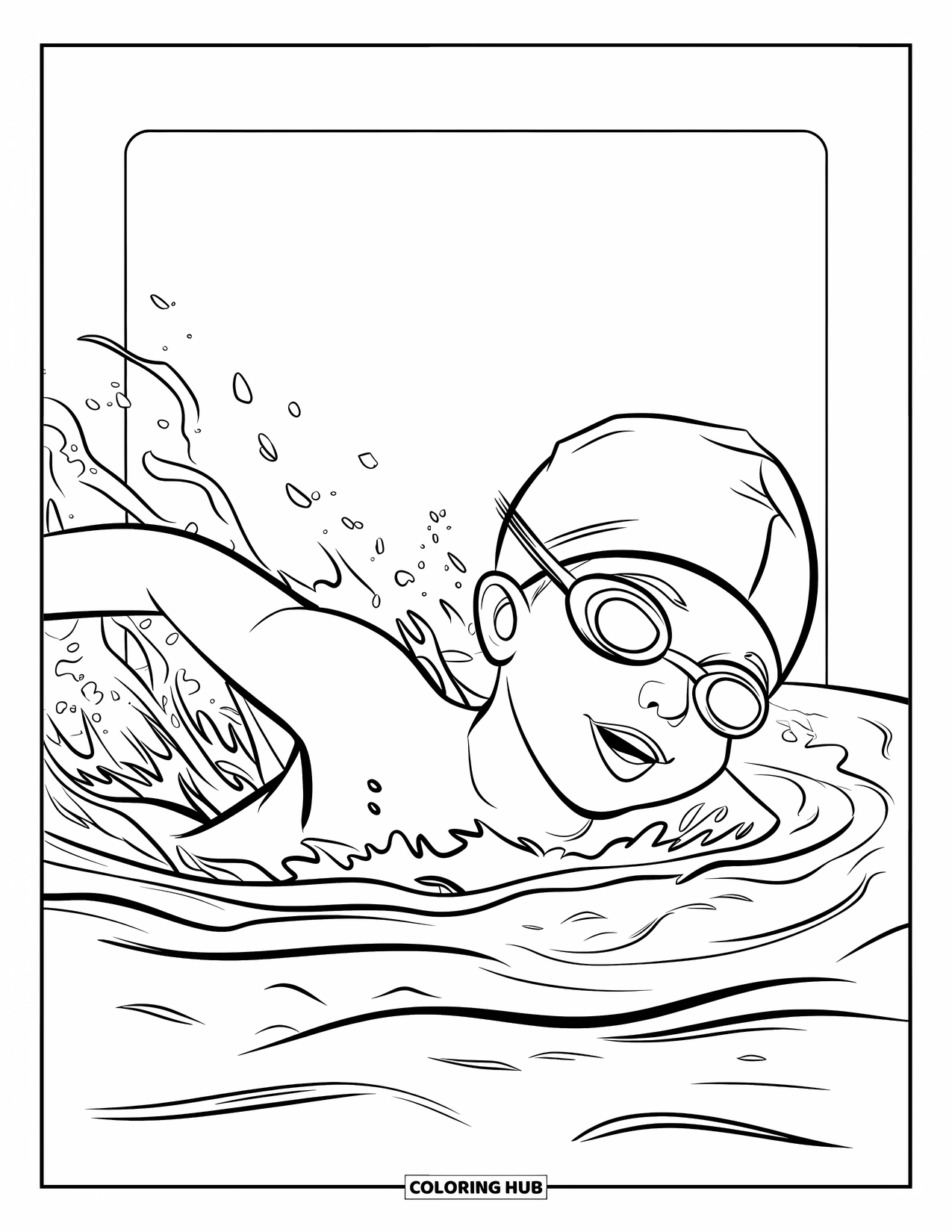 Swimming Pool Coloring Page for Kids: A swimmer with goggles doing a freestyle stroke in the pool