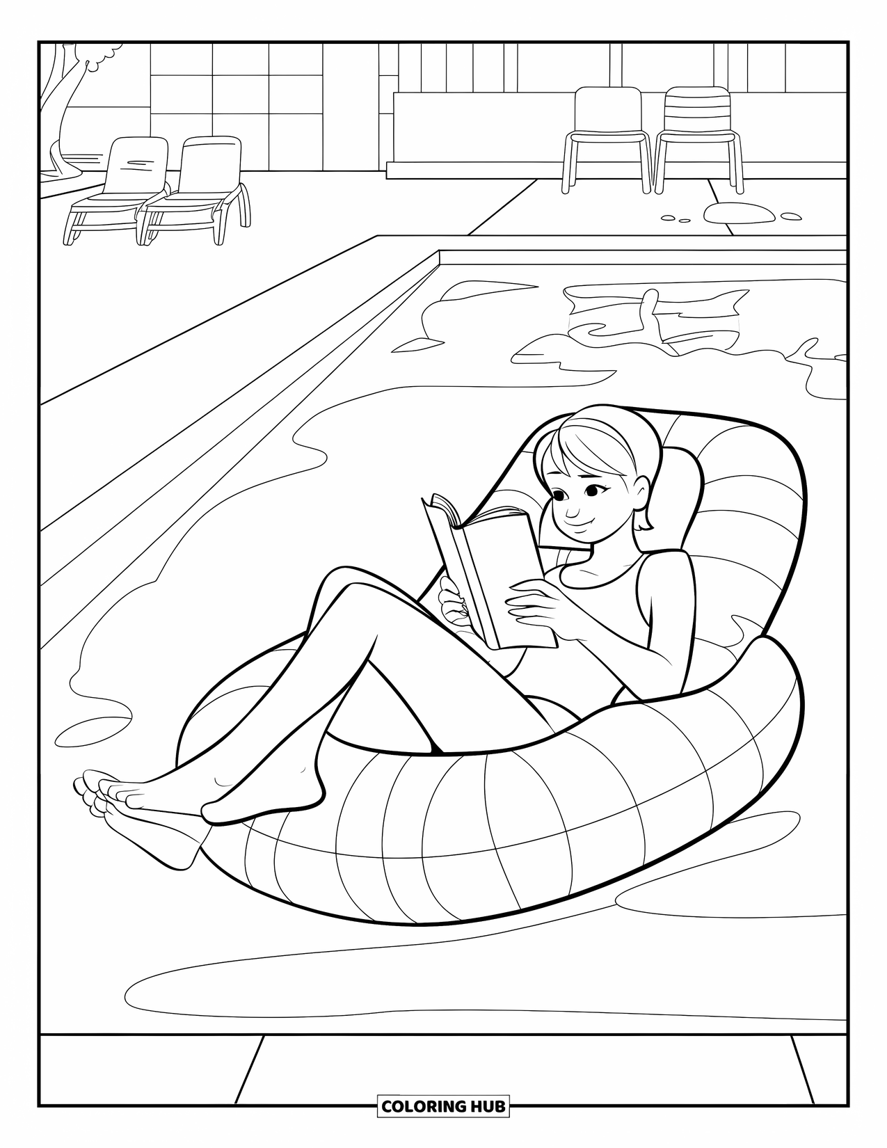 Swimming Pool Coloring Page for Kids: A teen relaxing on an inflatable chair reading a book