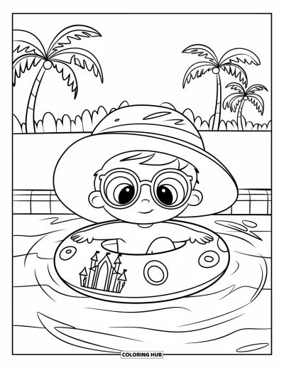 Schwimmbad-Ausmalbild für Kinder: Ein Kleinkind schwimmt vergnügt auf einem runden Pool-Float