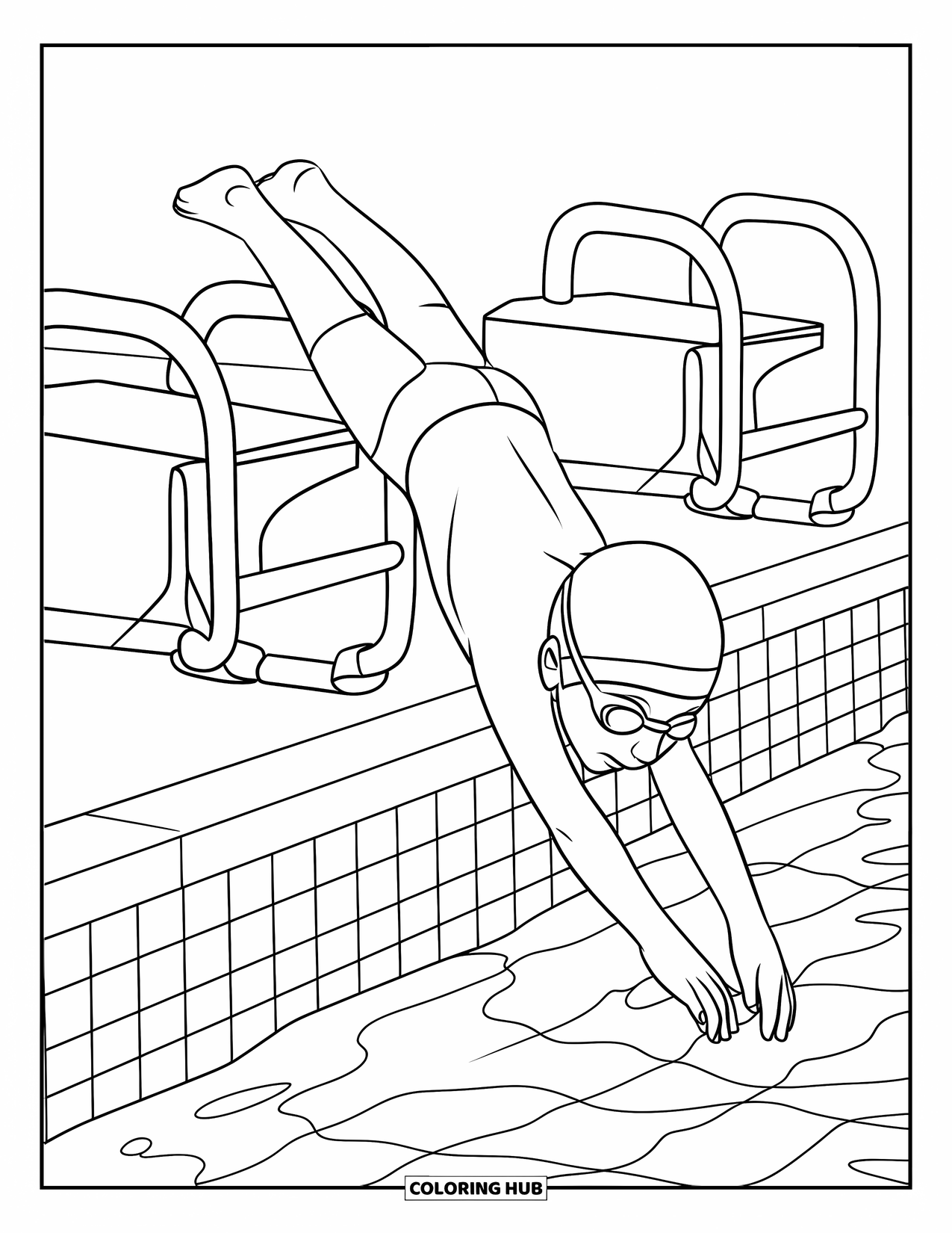 Swimming Pool Coloring Page for Kids: A young swimmer practicing dives near the pool ladder