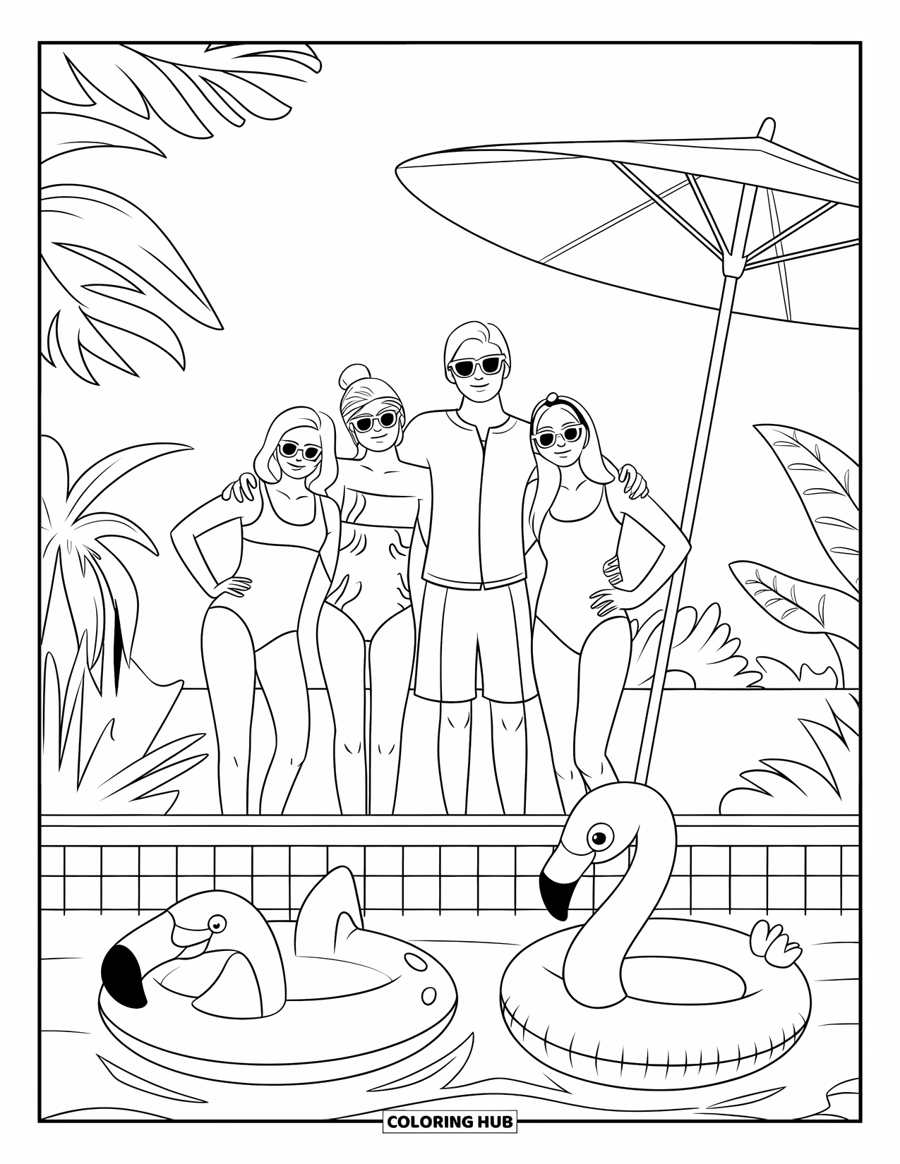 Swimming Pool Coloring Page for Kids: Friends enjoying a sunny pool day with fun floats