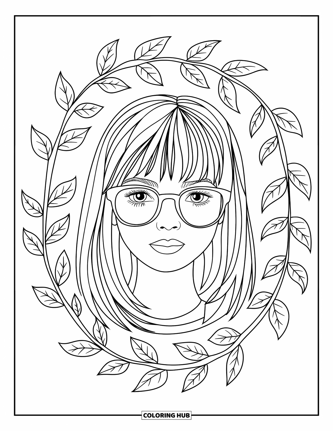 Teen Girl Coloring Page for Adults: A calm girl with glasses surrounded by leafy circular designs