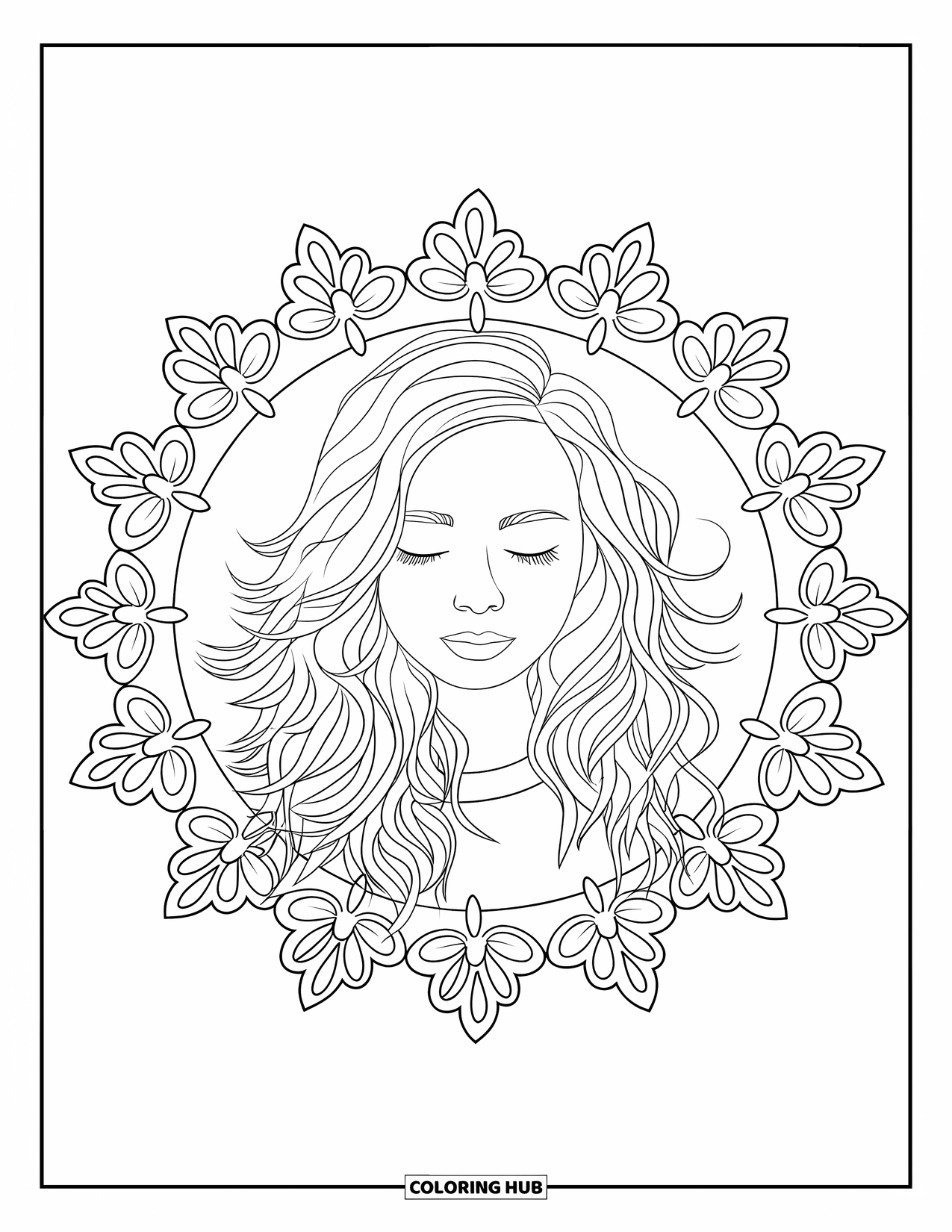 Teen Girl Coloring Page for Adults: A calm girl with loose curls and closed eyes inside a floral mandala