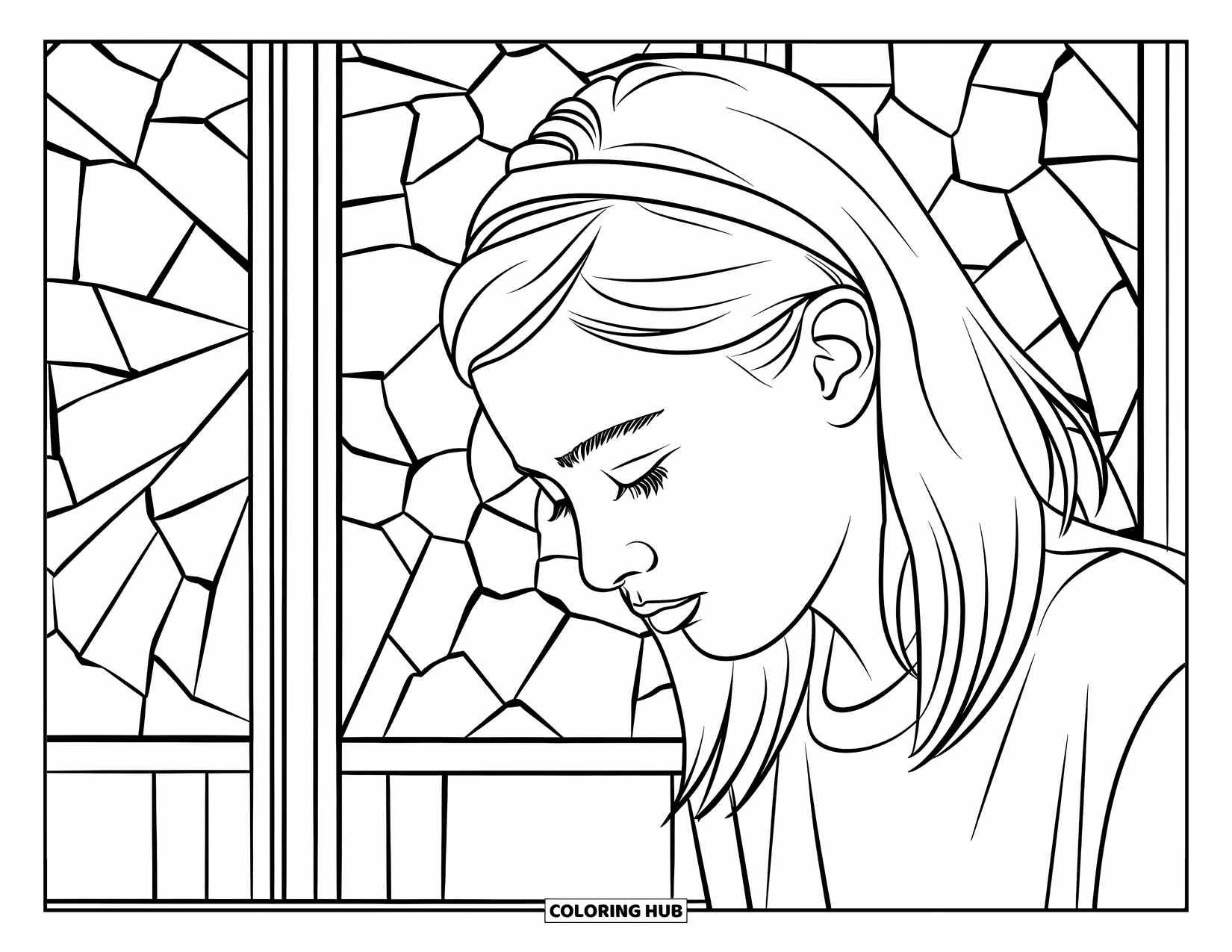 Teen Girl Coloring Page for Adults: A calm teen focuses on her work with mosaic patterns behind her