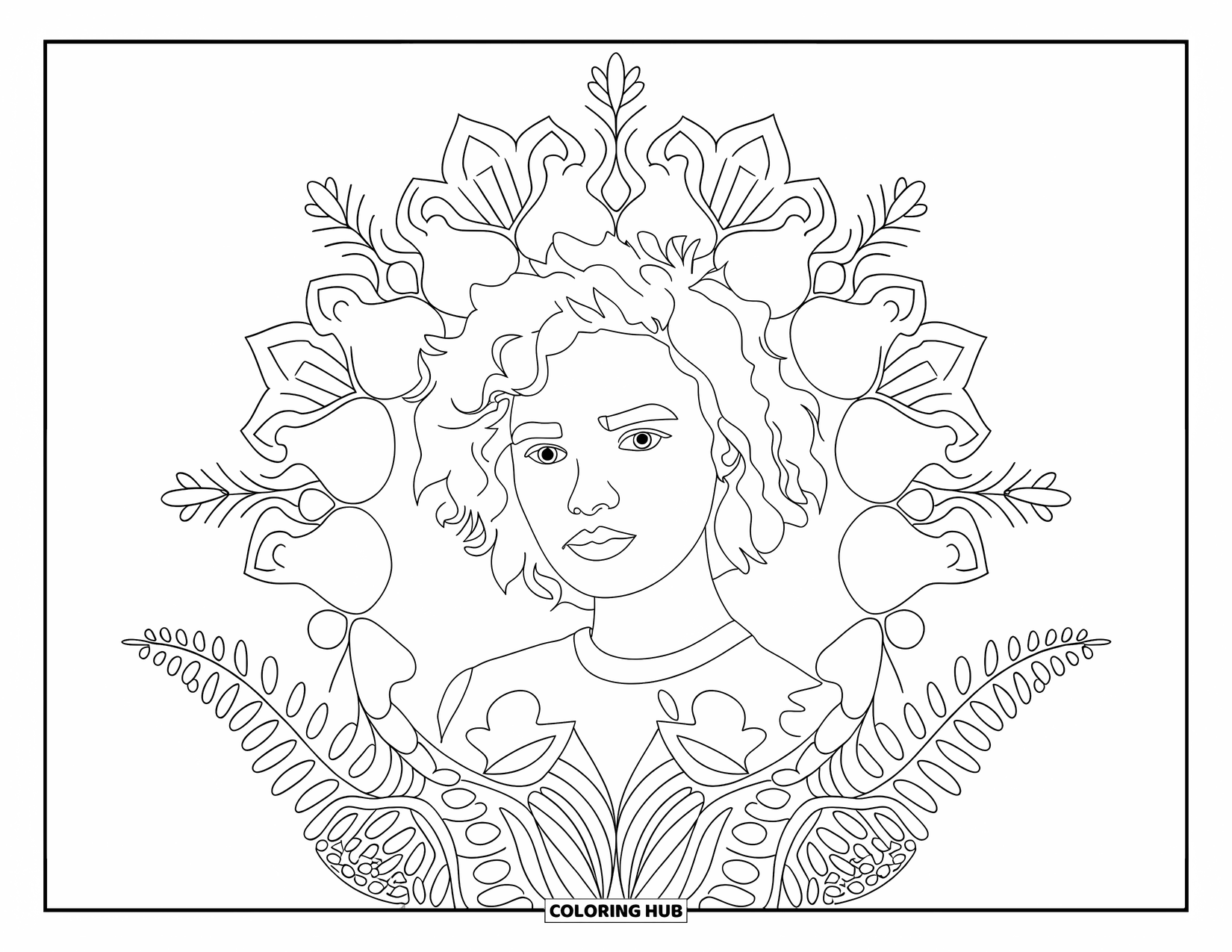Teen Girl Coloring Page for Adults: A curly-haired girl framed by floral mandalas and bold, intricate outlines