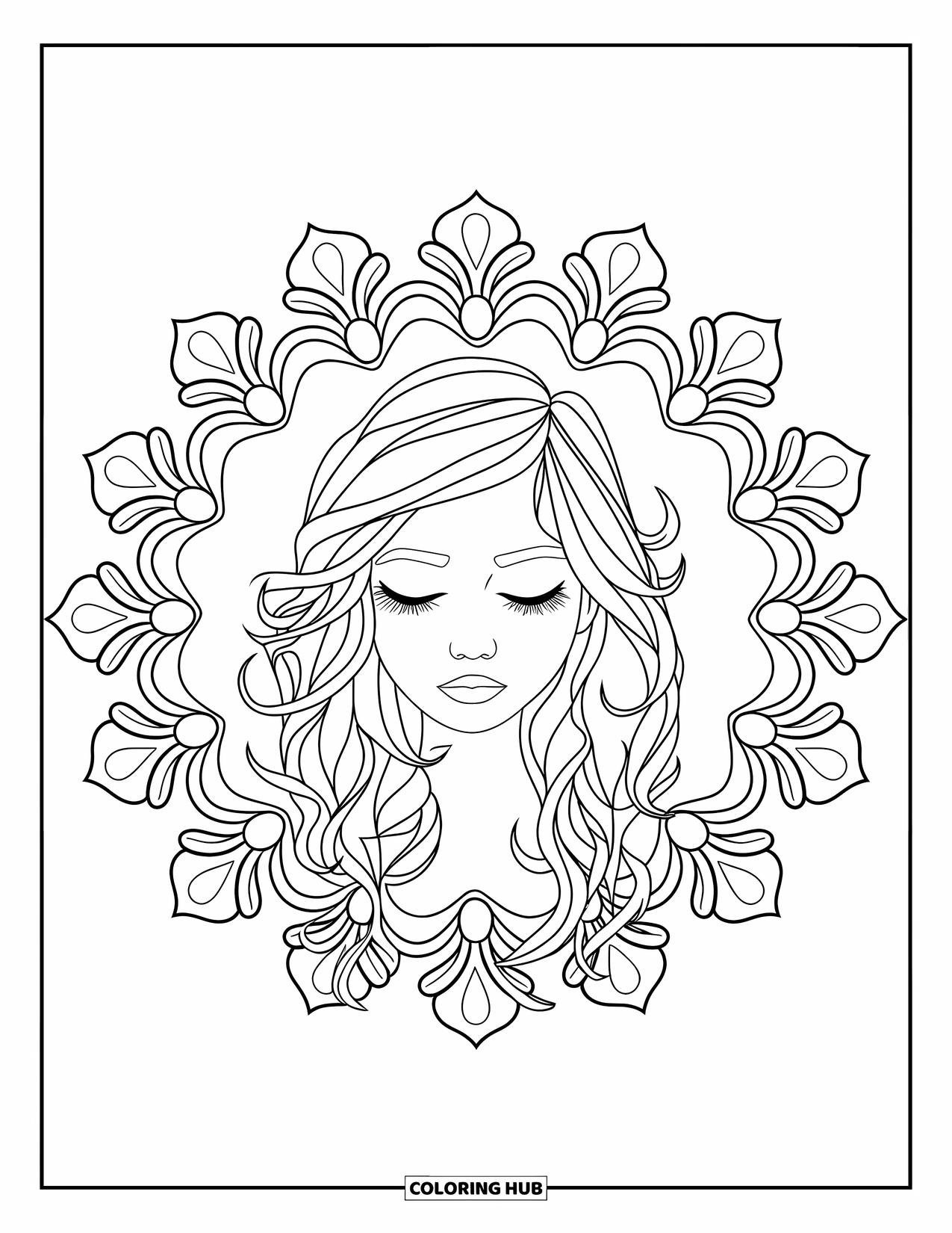 Teen Girl Coloring Page for Adults: A curly-haired girl with closed eyes surrounded by intricate floral art