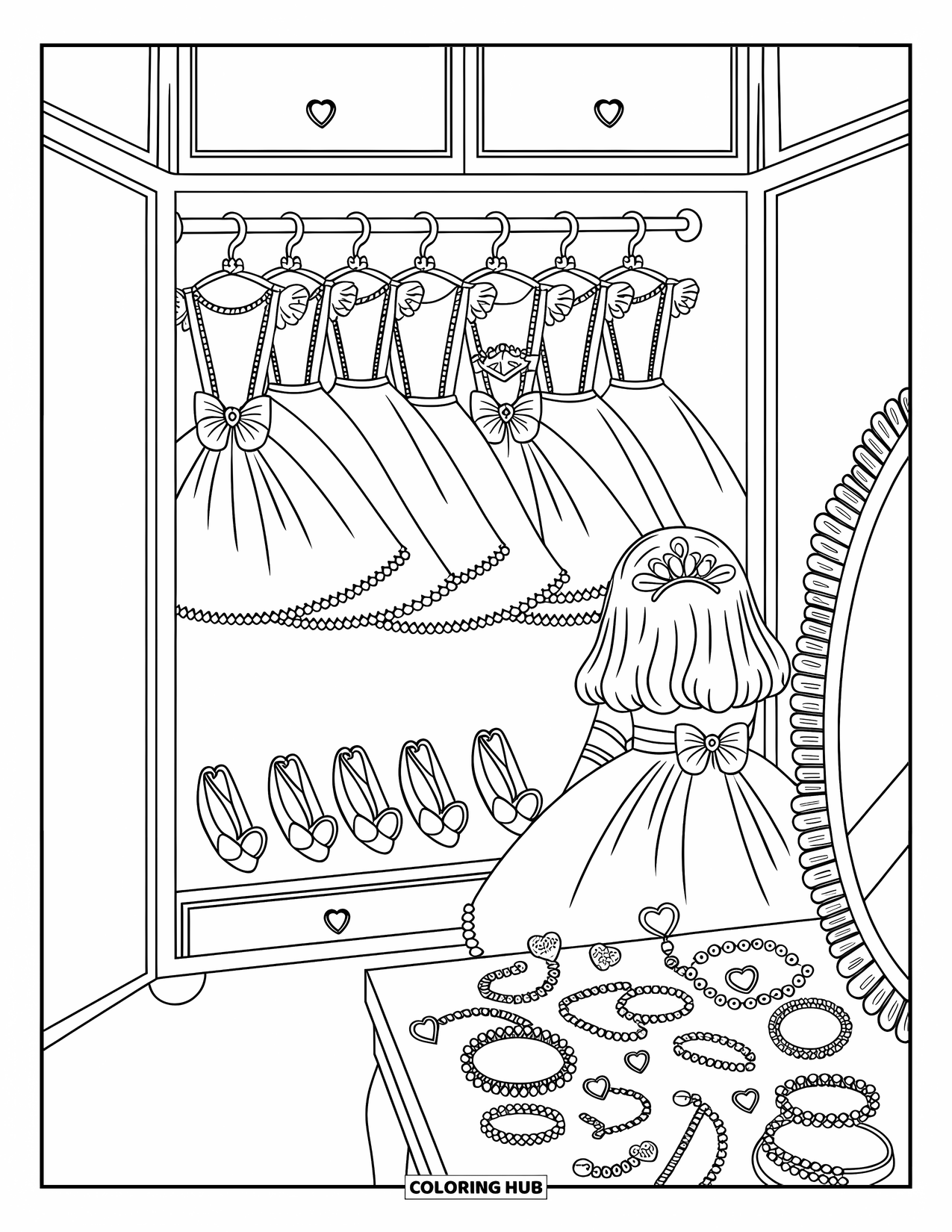 Teen Girl Coloring Page for Adults: A dreamy closet displays magical outfits, tiaras, and sparkling ribbons