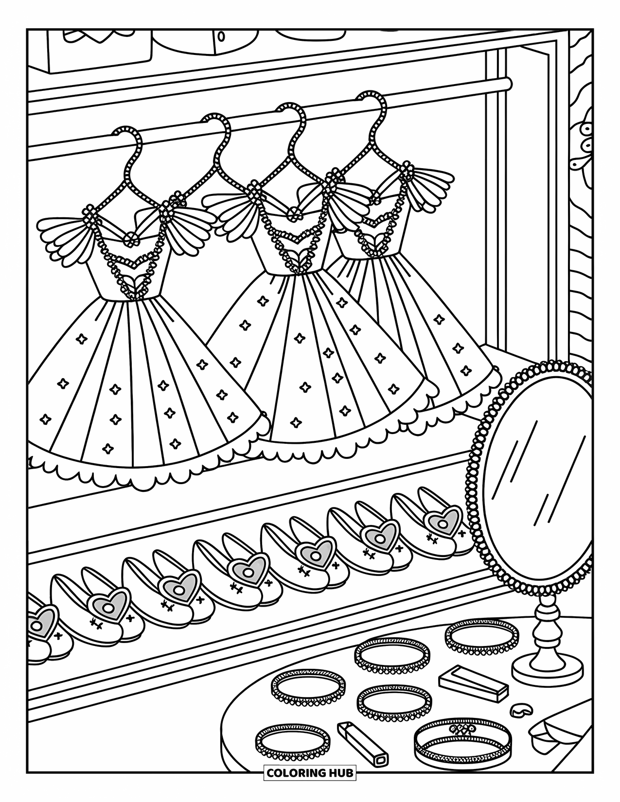 Teen Girl Coloring Page for Adults: A girl admires glittery dresses and shoes in her magical closet